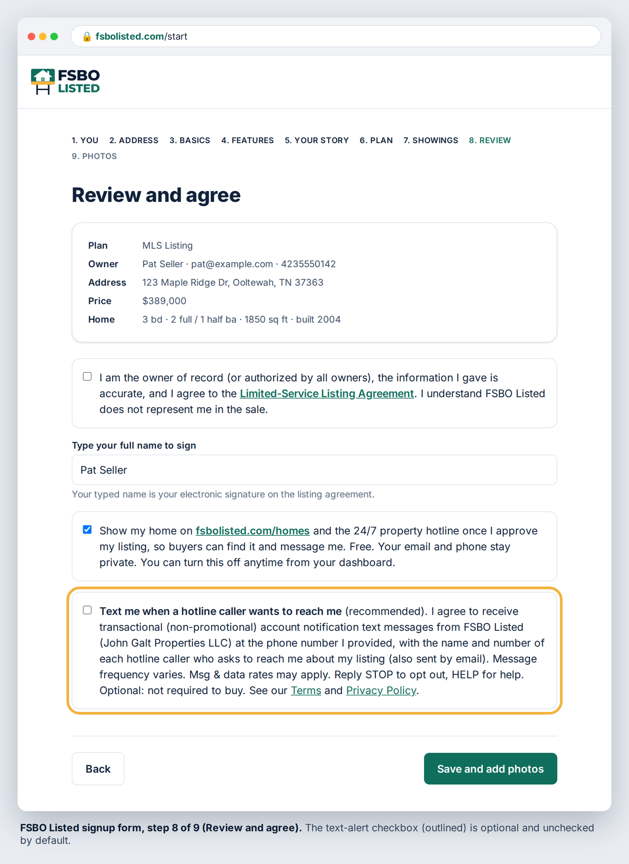 The FSBO Listed signup form's Review and agree step at fsbolisted.com/start, showing the optional, unchecked text-alert checkbox and its disclosures